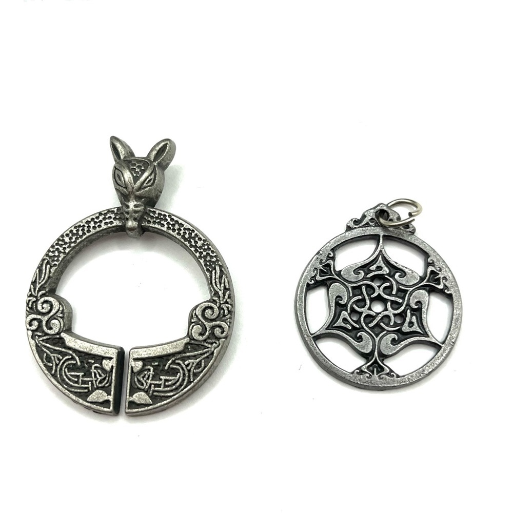 Viking Dragon and Celtic Knot Heart Pendants Silver Tone